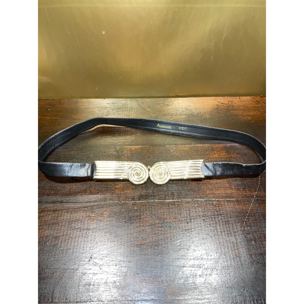 Accessocraft N.Y.C Black‎ Leather Gold Tone Swirl Buckle Belt 8307
